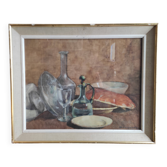 Vintage French still life in watercolour, signed Asquiedge