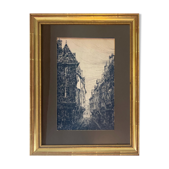 Tableau "Rue verrerie Dijon vers 1880" par Paul Deval Dessin à l'encre