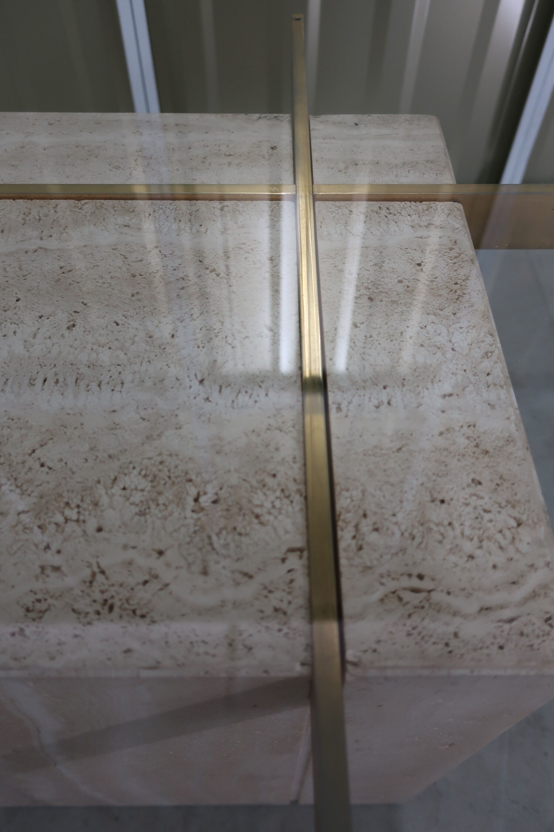 70s travertine and brass coffee table