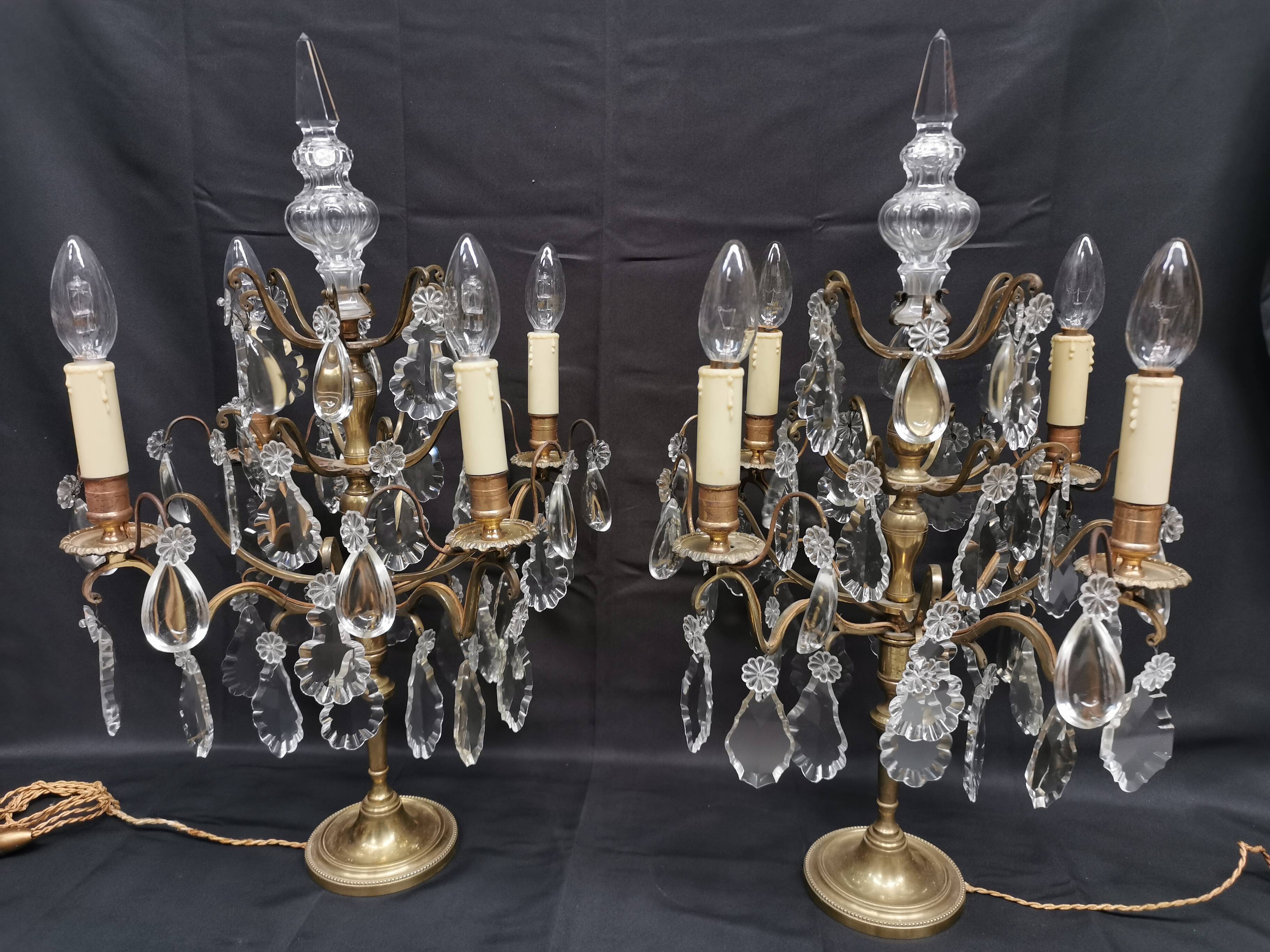 Pair of large electrified girandole candlesticks with crystal tassels