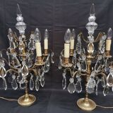 Pair of large electrified girandole candlesticks with crystal tassels