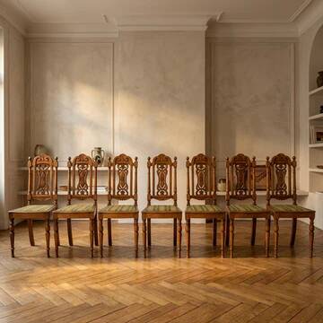 Set of 9 Renaissance Revival dining chairs, carved wood, Czechoslovakia, early 20th century