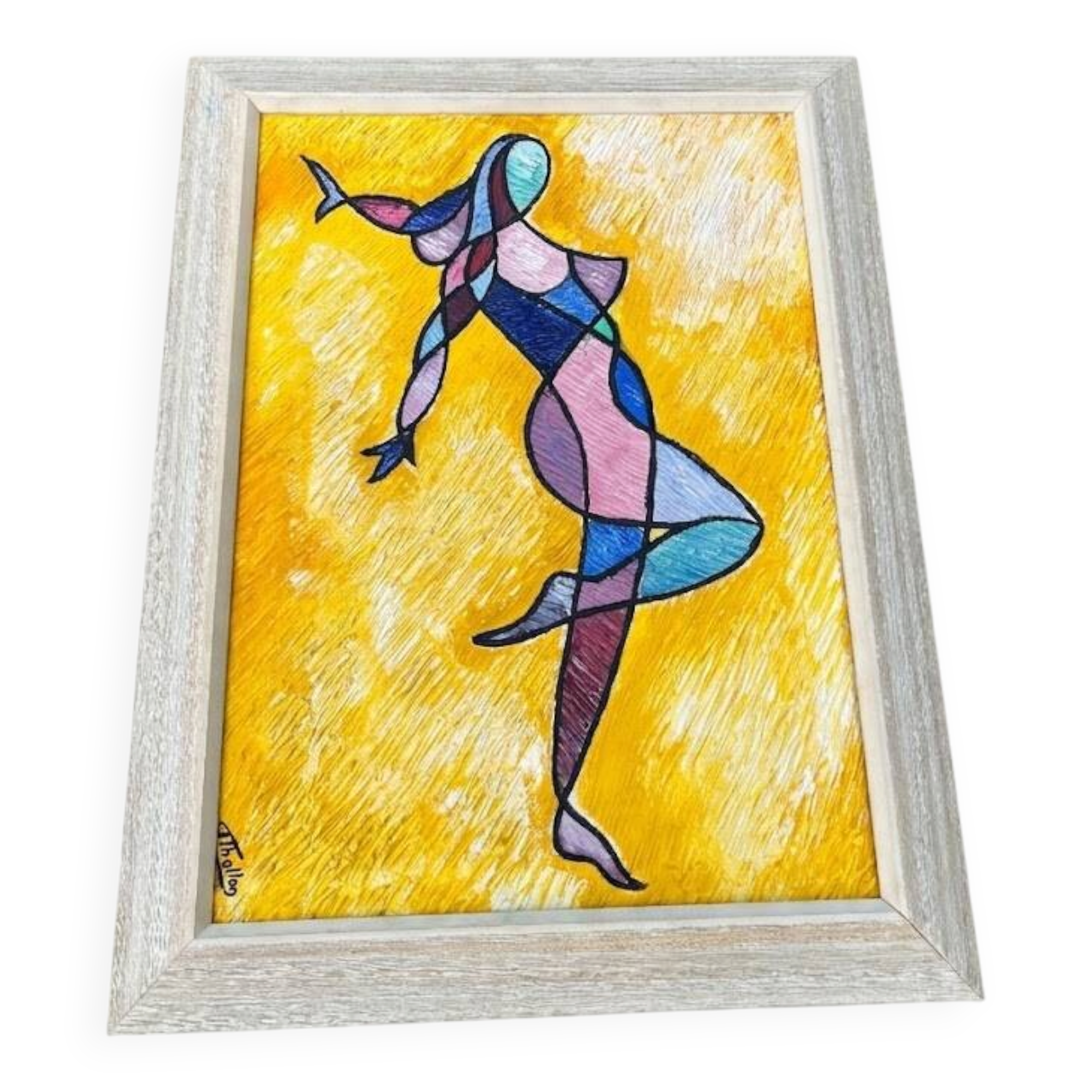 Tableau Vintage Modernist Cubist 84x65 cm – Signed Thallon