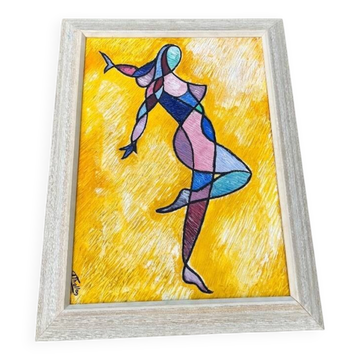 Tableau Vintage Modernist Cubist 84x65 cm – Signed Thallon