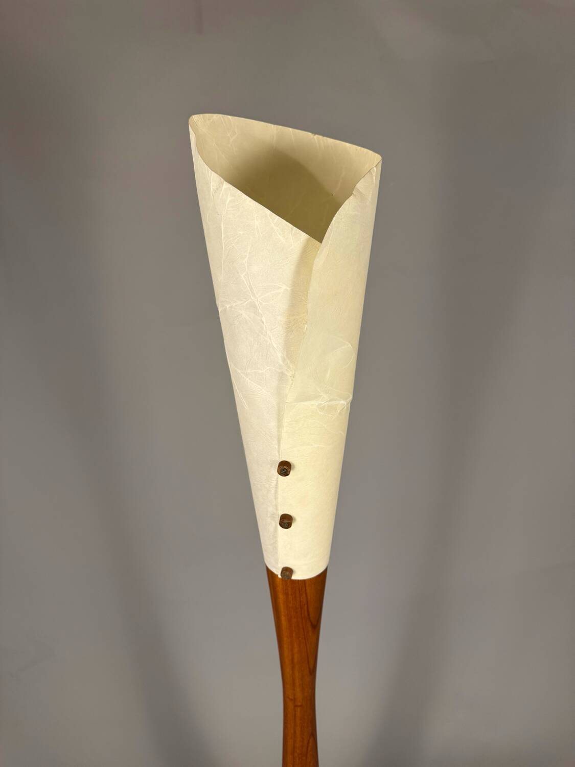 Sculptural floor lamp - exotic wood and textured shade, modern vintage style