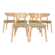 Set of 6 modern dining chairs, sage fabric and natural beech wood.