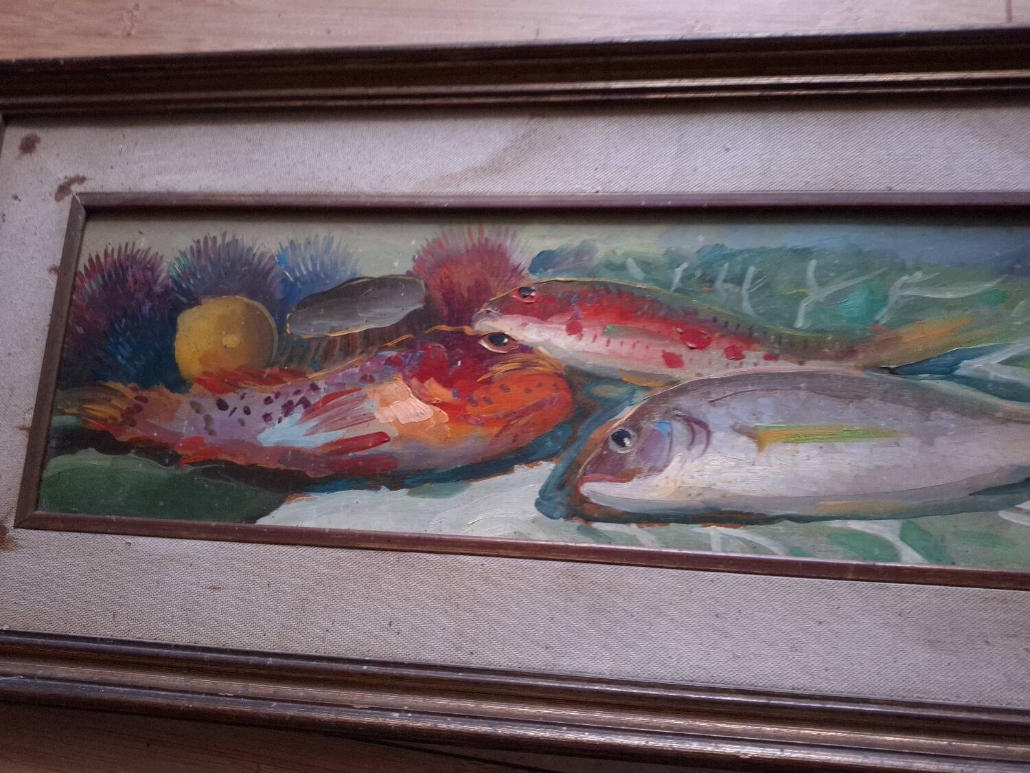 Oil on panel, still life with fish