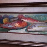 Oil on panel, still life with fish