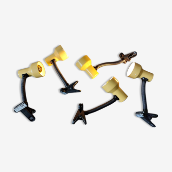 Series of 5 yellow lacquered adjustable clamp spotlights 1980 Vintage.