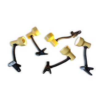 Series of 5 yellow lacquered adjustable clamp spotlights 1980 Vintage.