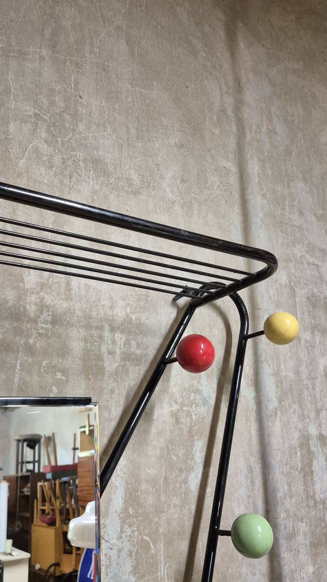 Vintage coat rack attributed to Roger Feraud, black metal with coloured spheres, 1970s, 180 x 82 x 22 cm