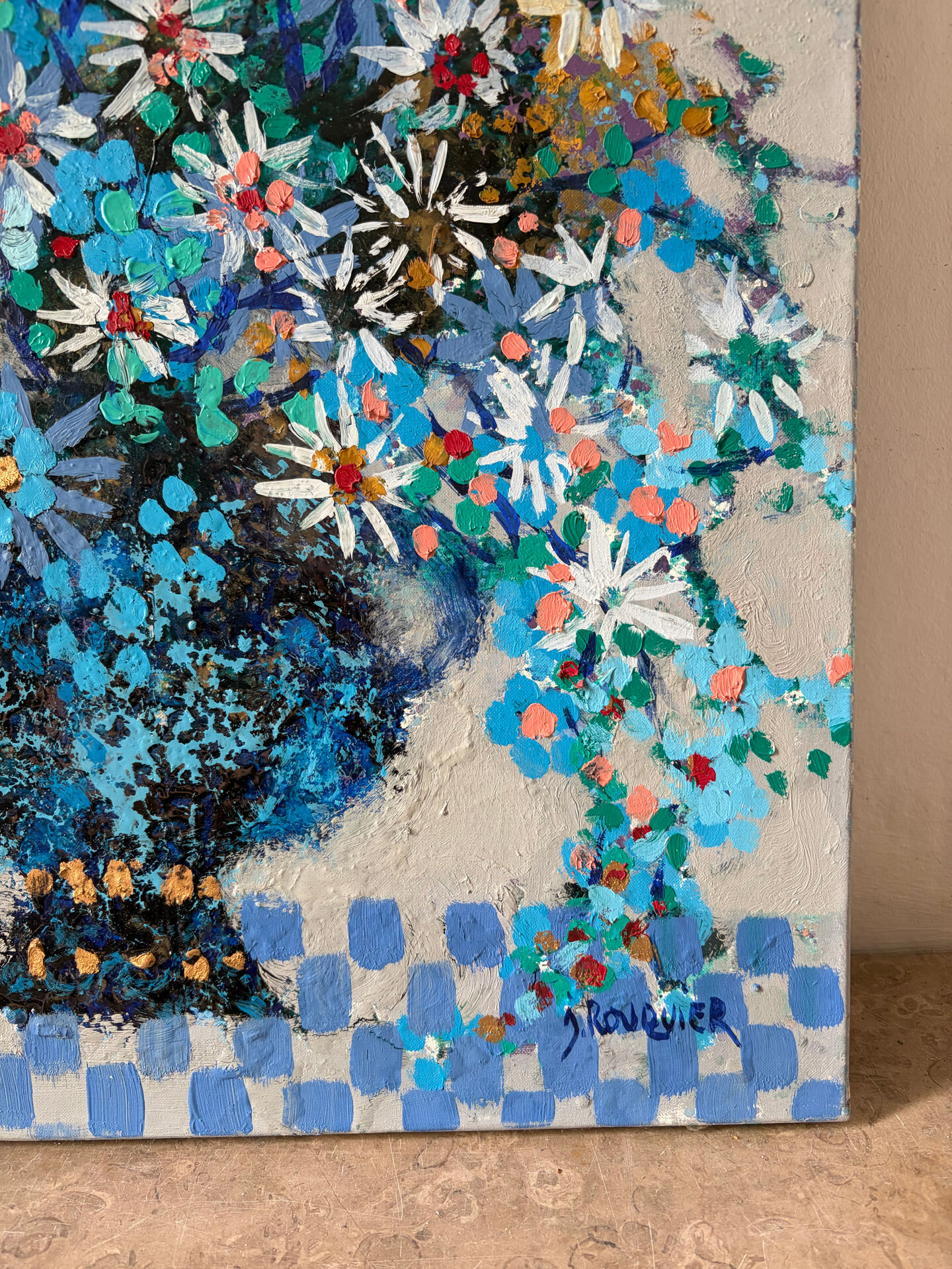 Blue flowers in celebration, oil on canvas signed Jacques Rouquier.