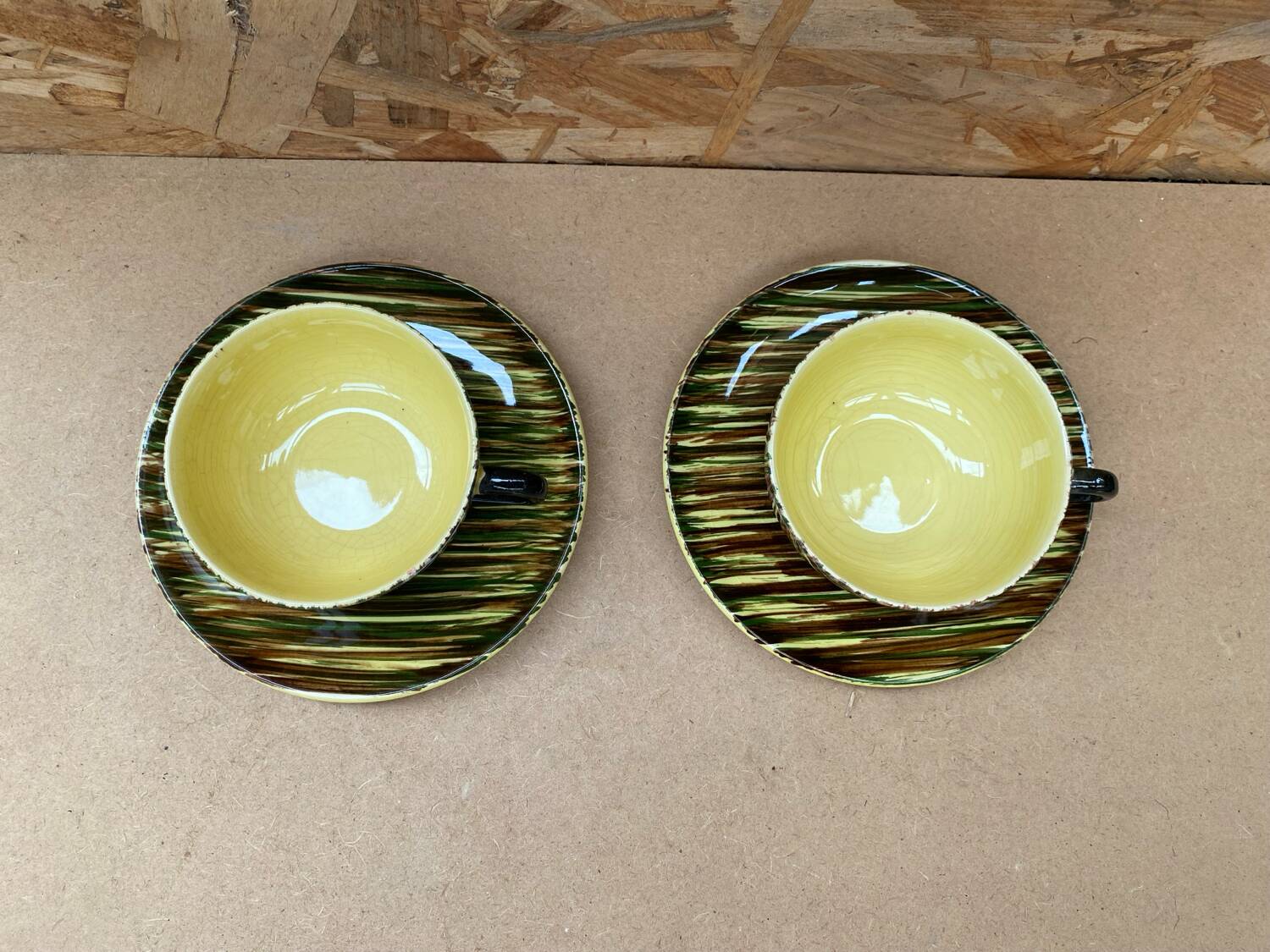 Pair of antique st clement safari ceramic yellow vintage mugs