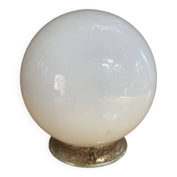 Vintage Ceiling Light Opaline White Ball + Aluminium Support 50s #E