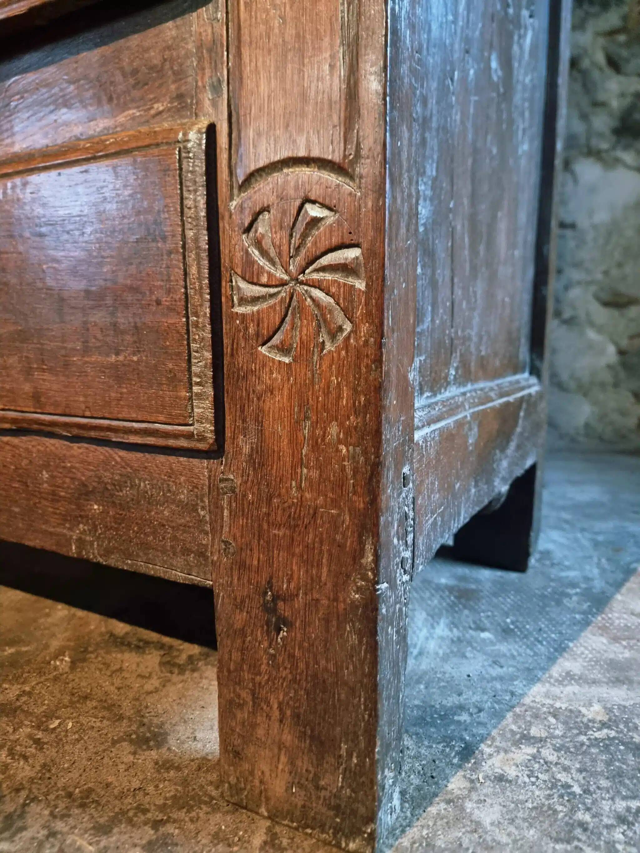 French oak armoire, late 17th - early 18th century, Louis XIV provincial style with hand-carved rosettes