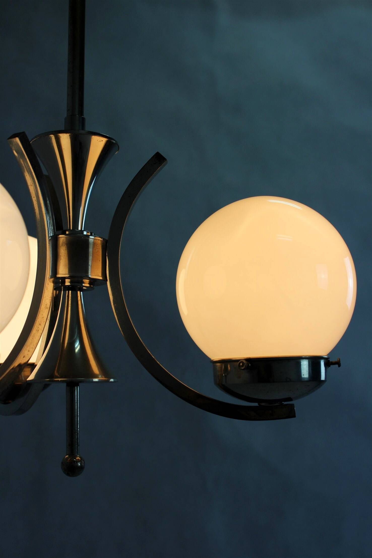 Vintage Czech Bauhaus style pendant light, tall, with opaline glass globes, 1940s