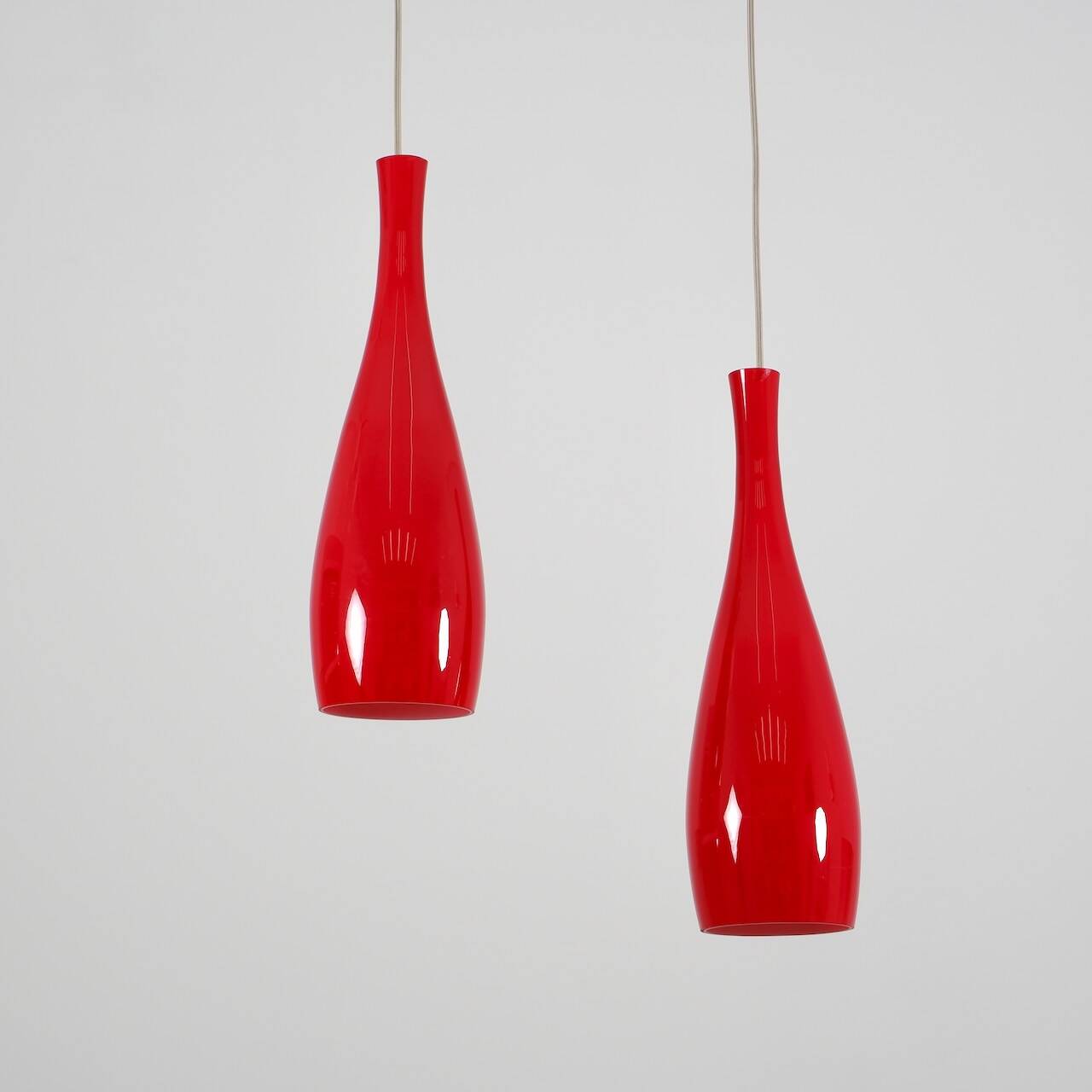 Set of 2 red „Bang“ opal glass pendant lamps by Jacob Bang for Fog & Morup