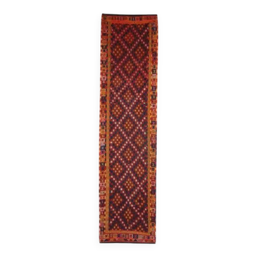 Vintage Turkish Oushak Handmade Wool Cotton Red Runner Rug 115x470