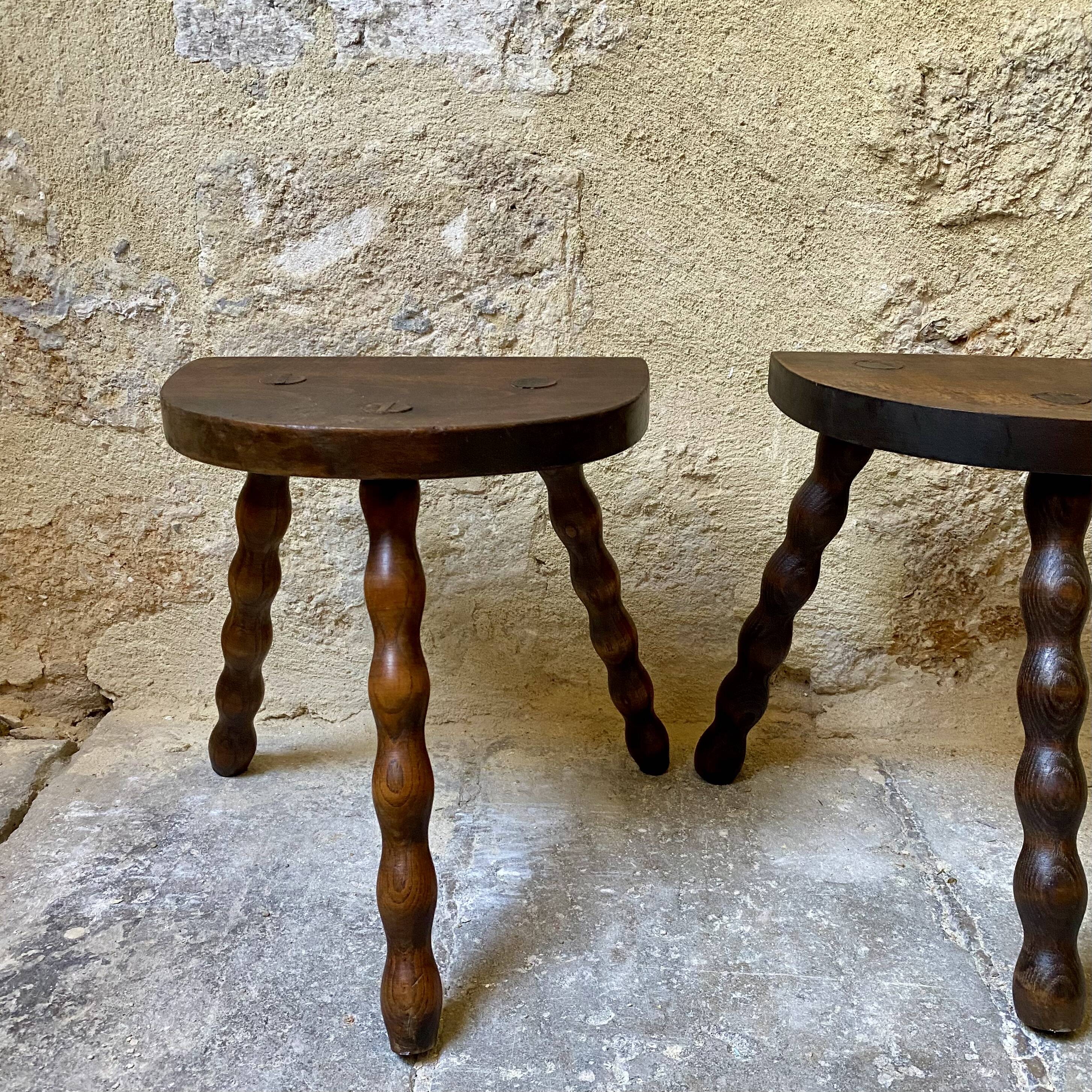 Turned wooden tripod stool x2