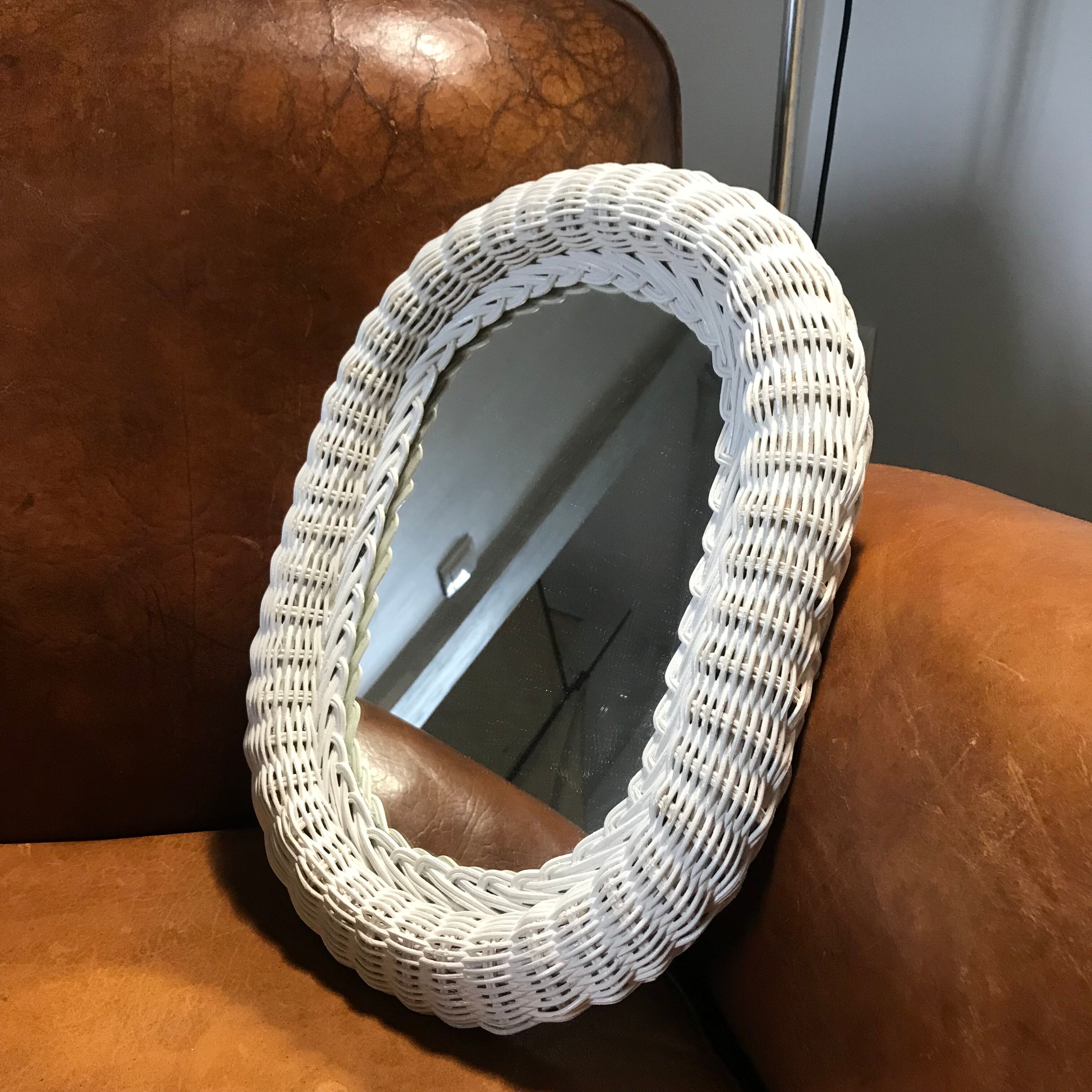 Oval mirror in vintage white woven wicker 1970