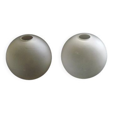 Set of 2 French Mid Century White Opaque Glass Ball Shades