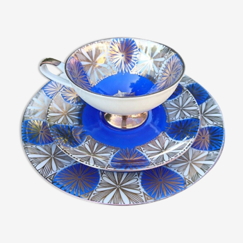 Tasse, sous-tasse & assiette à dessert en porcelaine motifs bleus/dorés bavaria