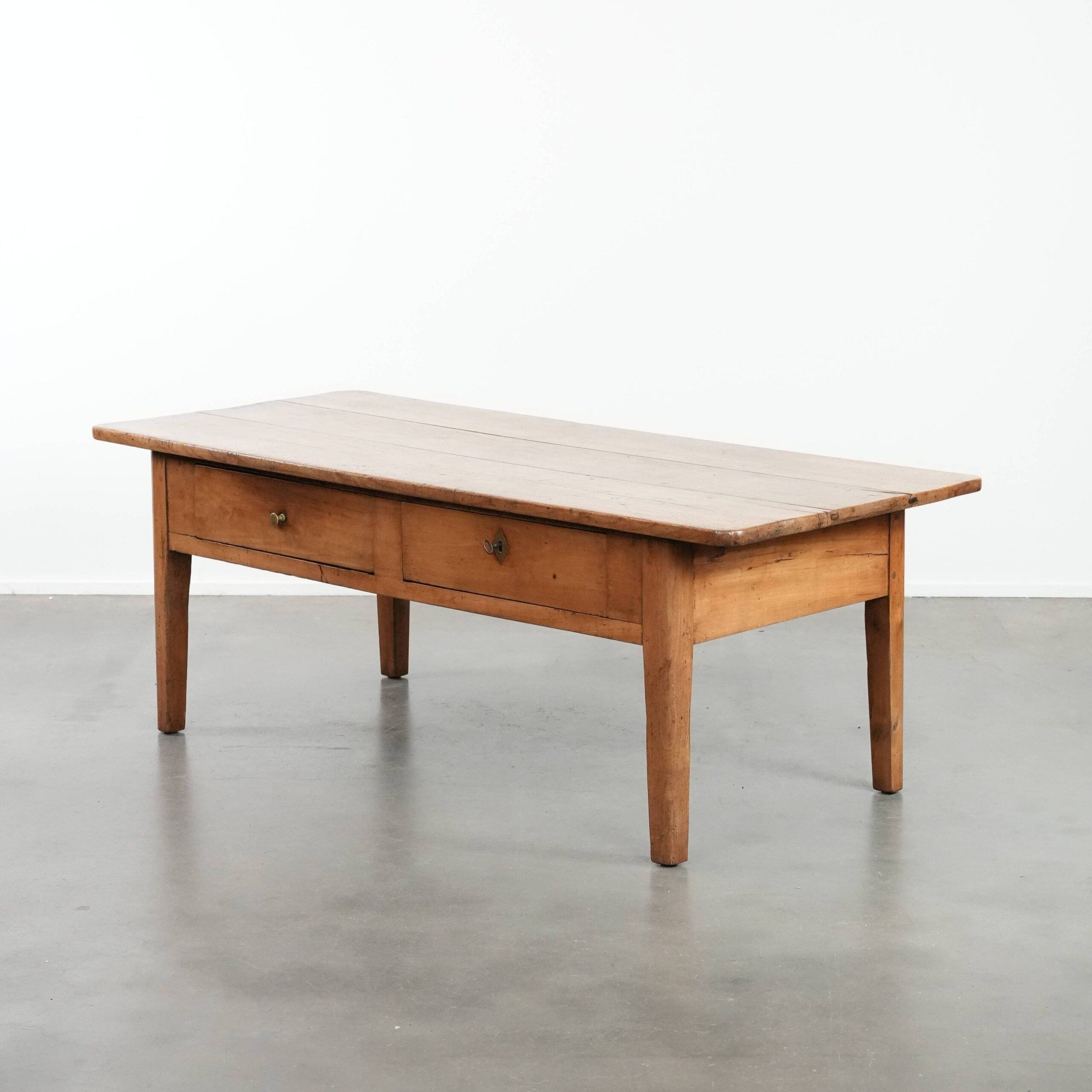 Fantastic antique French coffee table made of fruitwood with two drawers