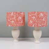 Set of 2 ceramic bedside lamps with paisley pattern shade.