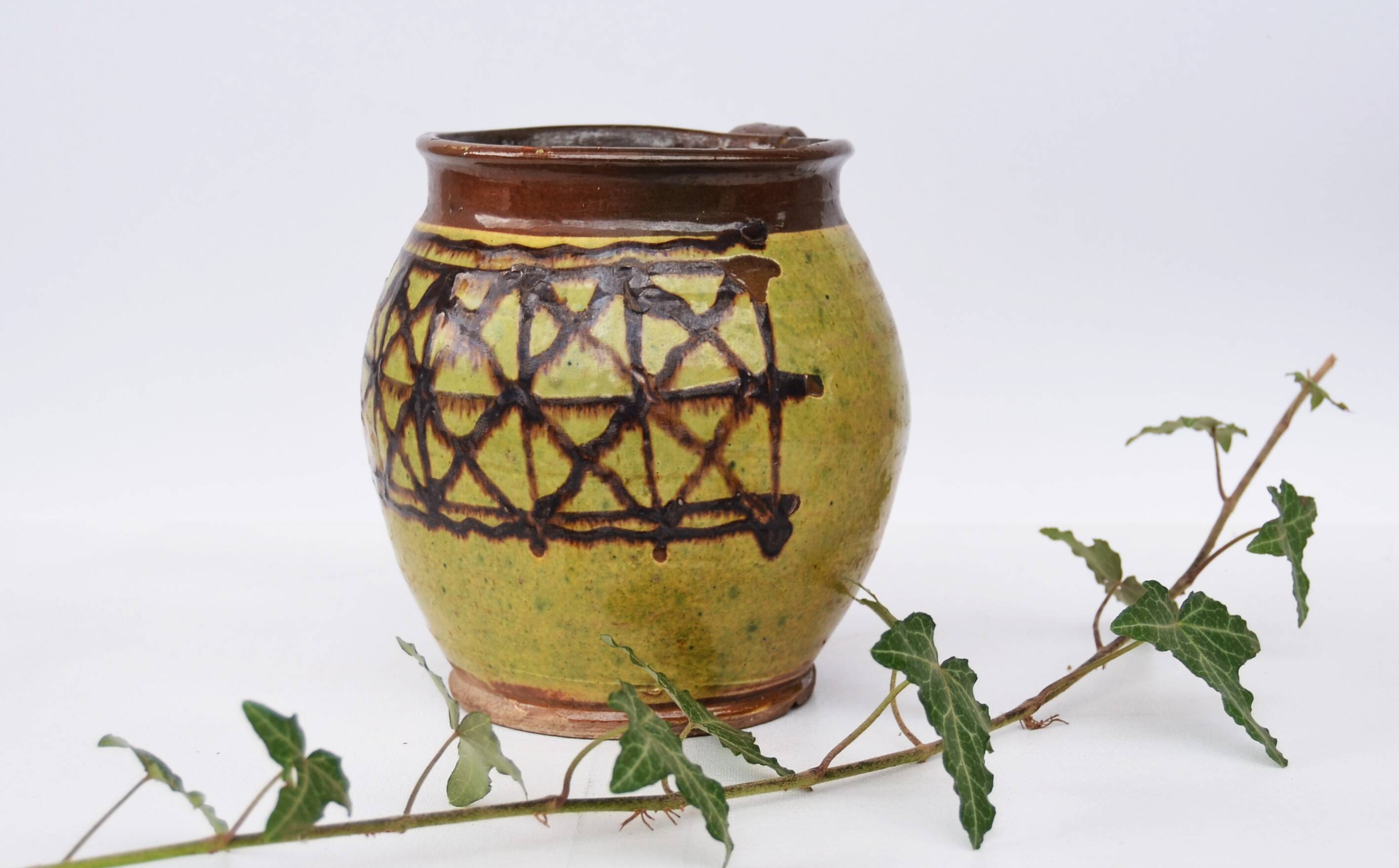 Early 20 th Century Glazed Rustic Terracotta Vase Romanian Traditional Oltenia