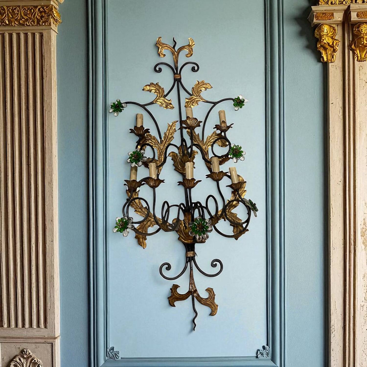 Extra Large Italian Tole Wall Light Sconce with Murano Glass Flowers