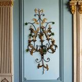 Extra Large Italian Tole Wall Light Sconce with Murano Glass Flowers