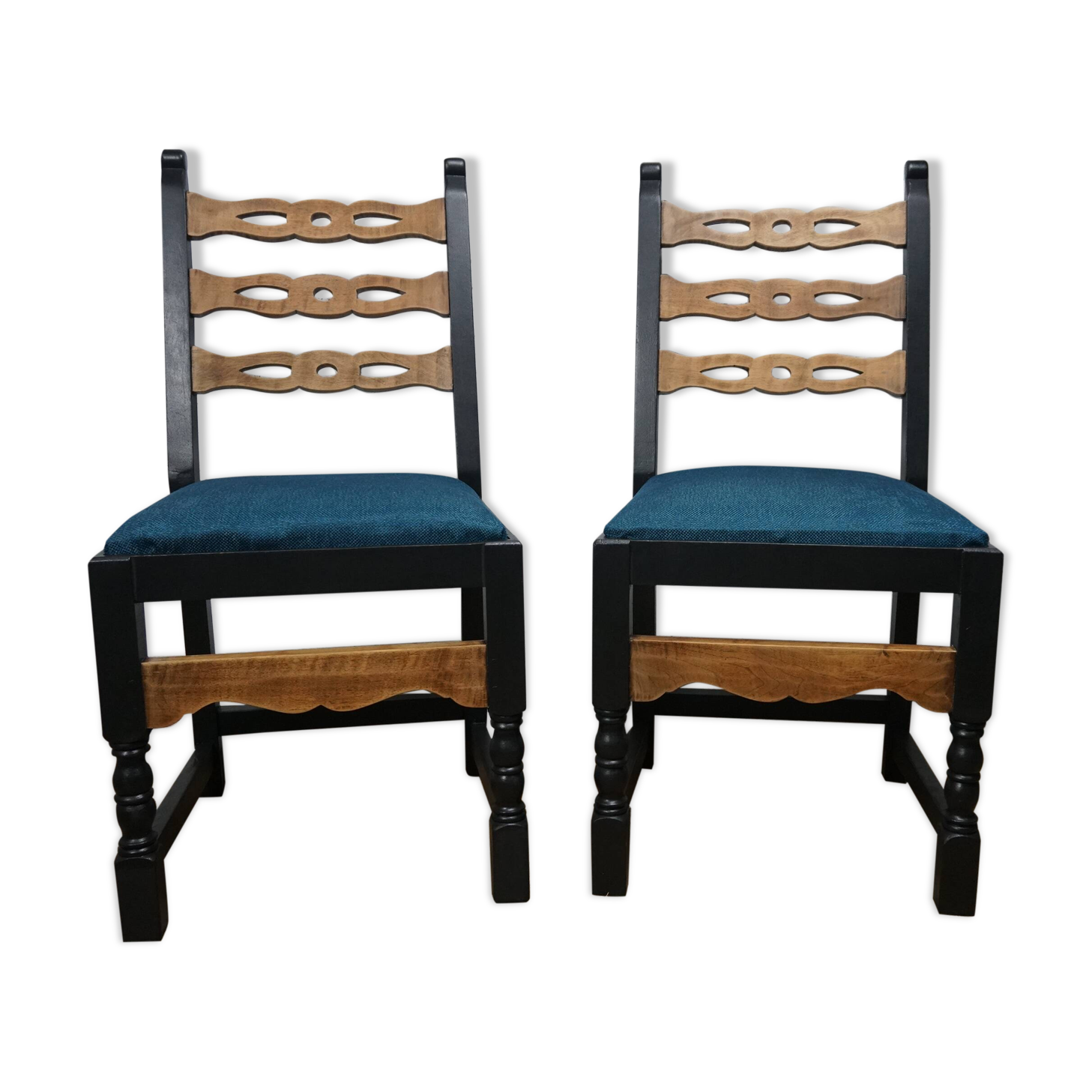Pair of brutalist wooden chairs revamped in black, duck green fabric seat
