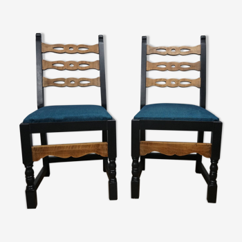 Pair of brutalist wooden chairs revamped in black, duck green fabric seat