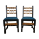 Pair of brutalist wooden chairs revamped in black, duck green fabric seat