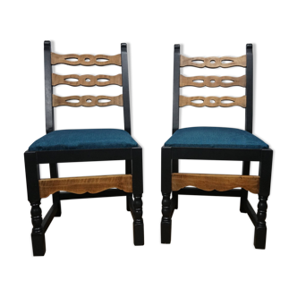 Pair of brutalist wooden chairs revamped in black, duck green fabric seat