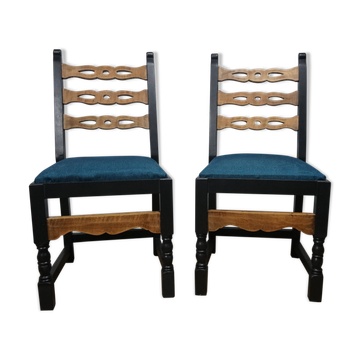 Pair of brutalist wooden chairs revamped in black, duck green fabric seat