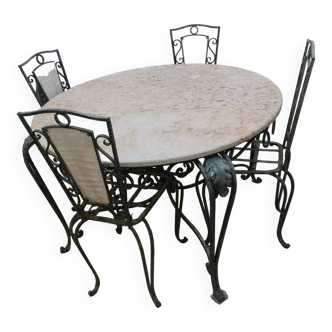 Wrought iron and marble table set with 4 chairs