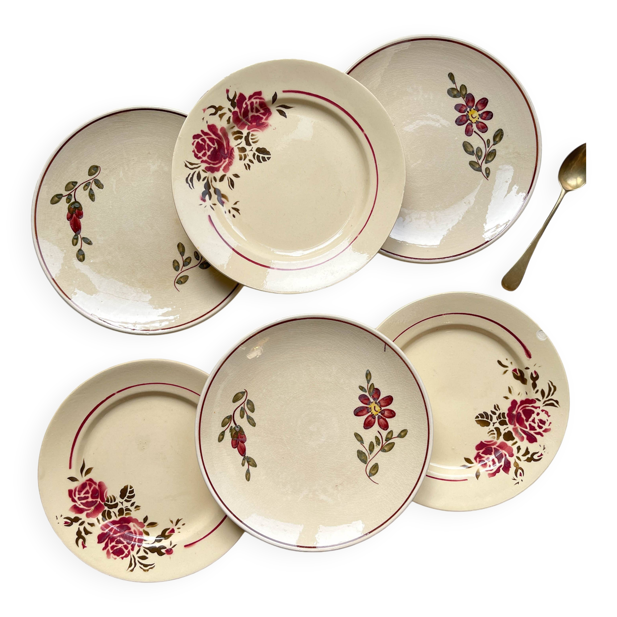 6 Small mismatched vintage floral plates - BADONVILLIER STEULER