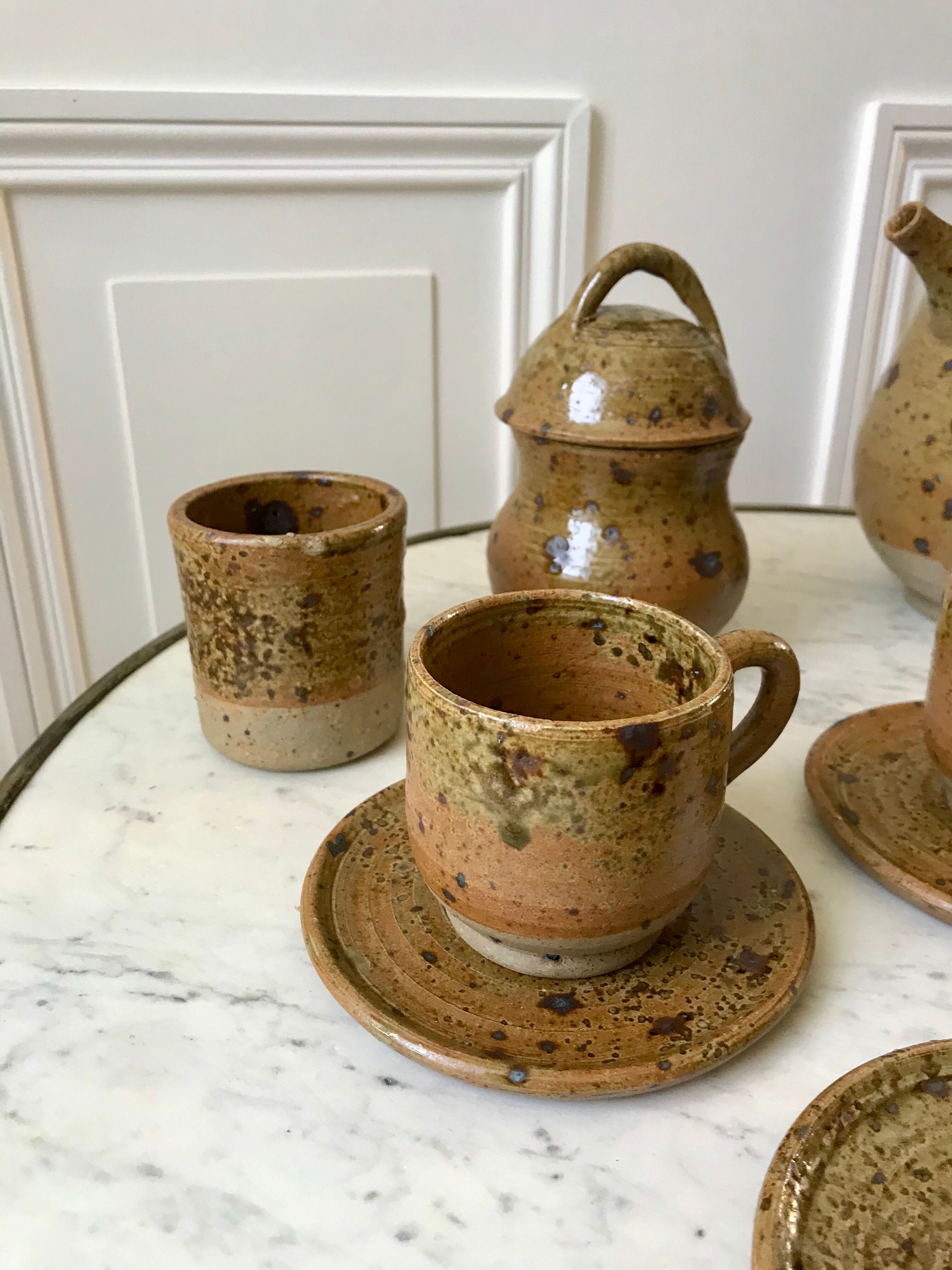 coffee service 6 cups and saucers, teapot and sugar bowl in ceramic / pottery / stoneware years 50-6
