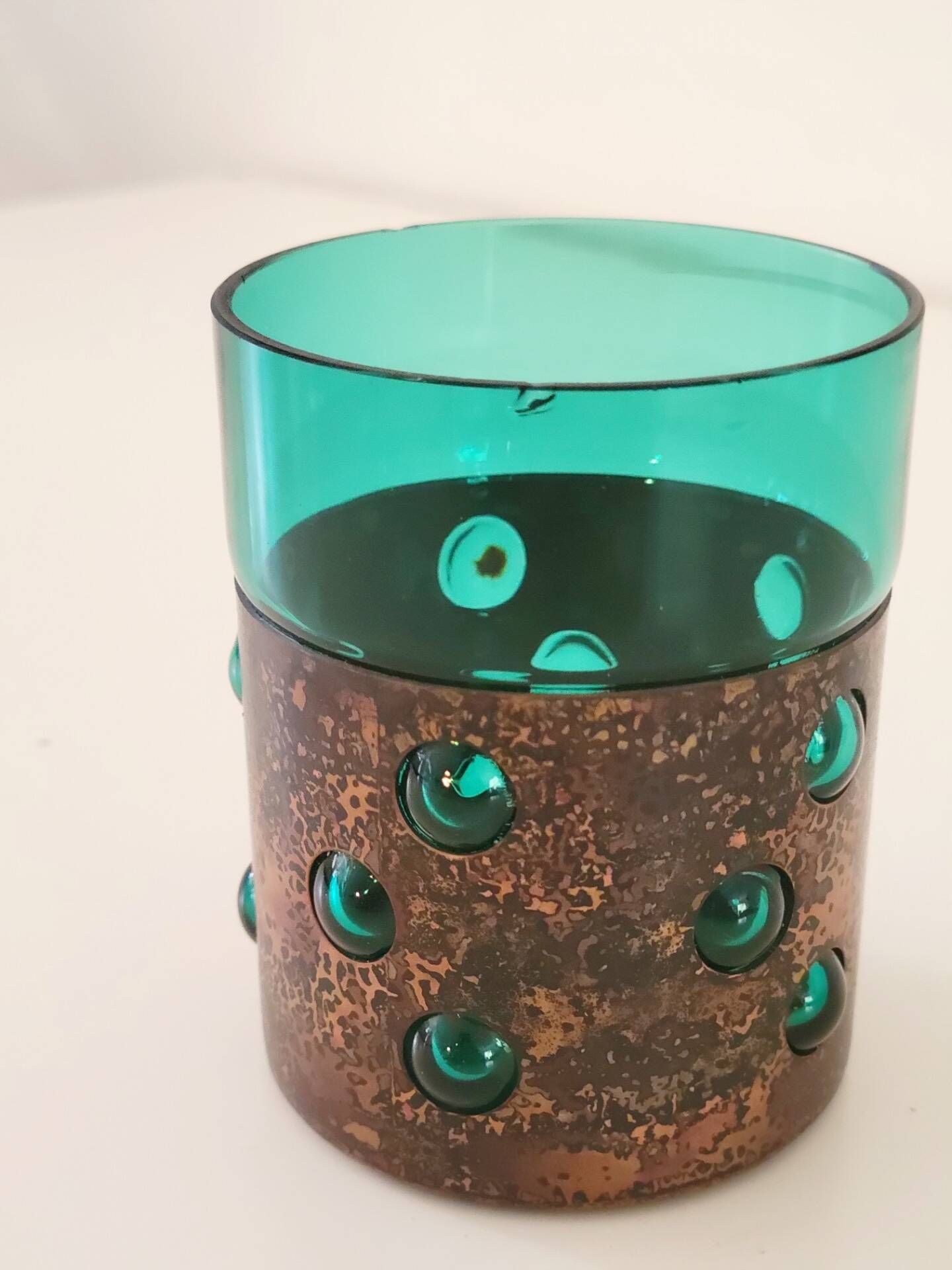 Vintage brutalist drinks set of green glass and patinated copper