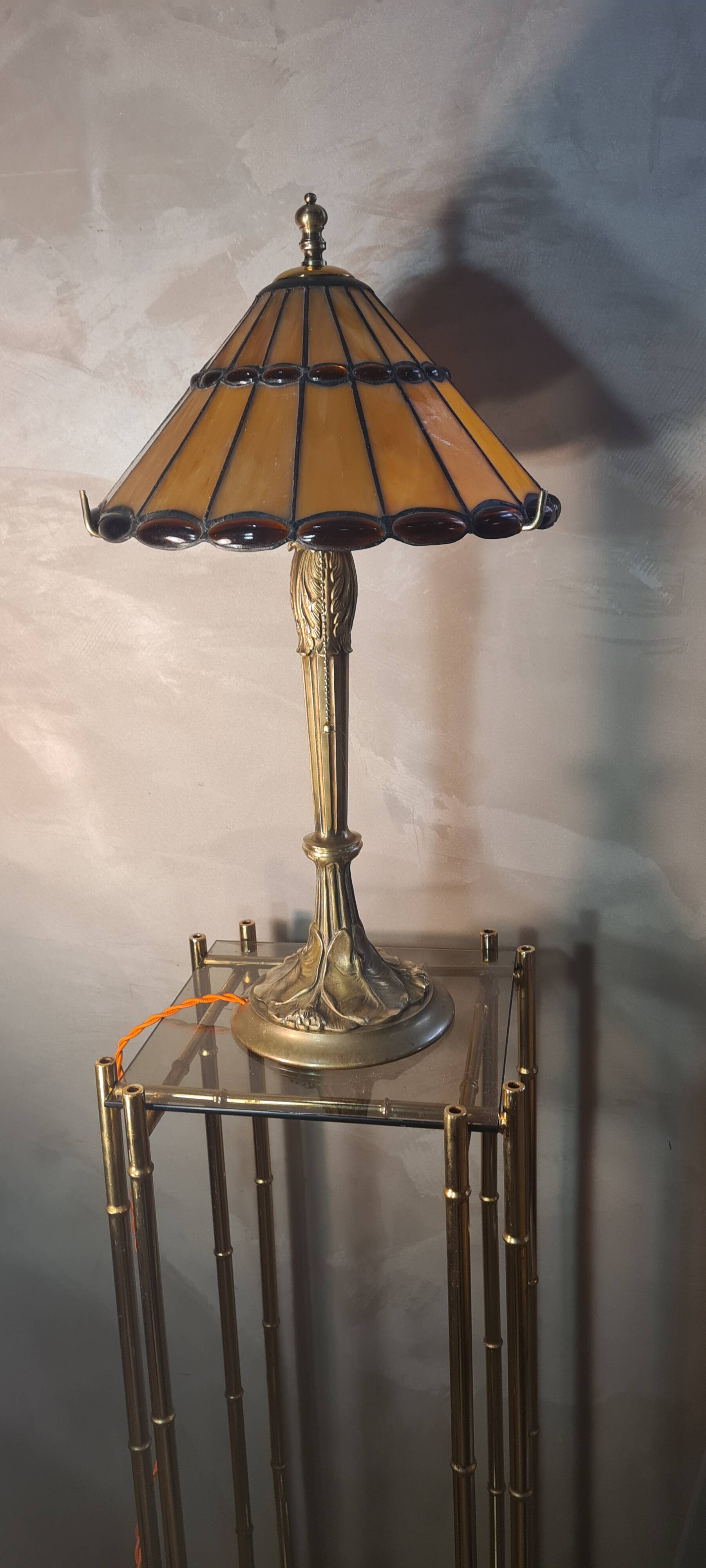 Large solid bronze art nouveau lamp 1900, tiffany lampshade 55x30 inter with zipper