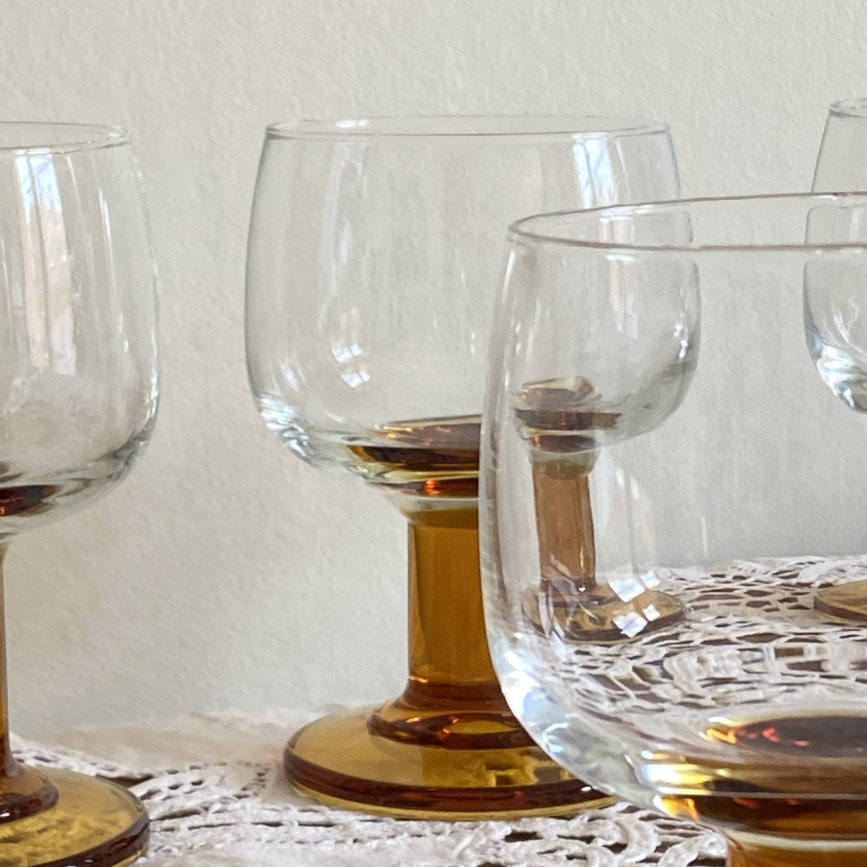6 medium antique seventies stemmed glasses, amber brown base, wine or water