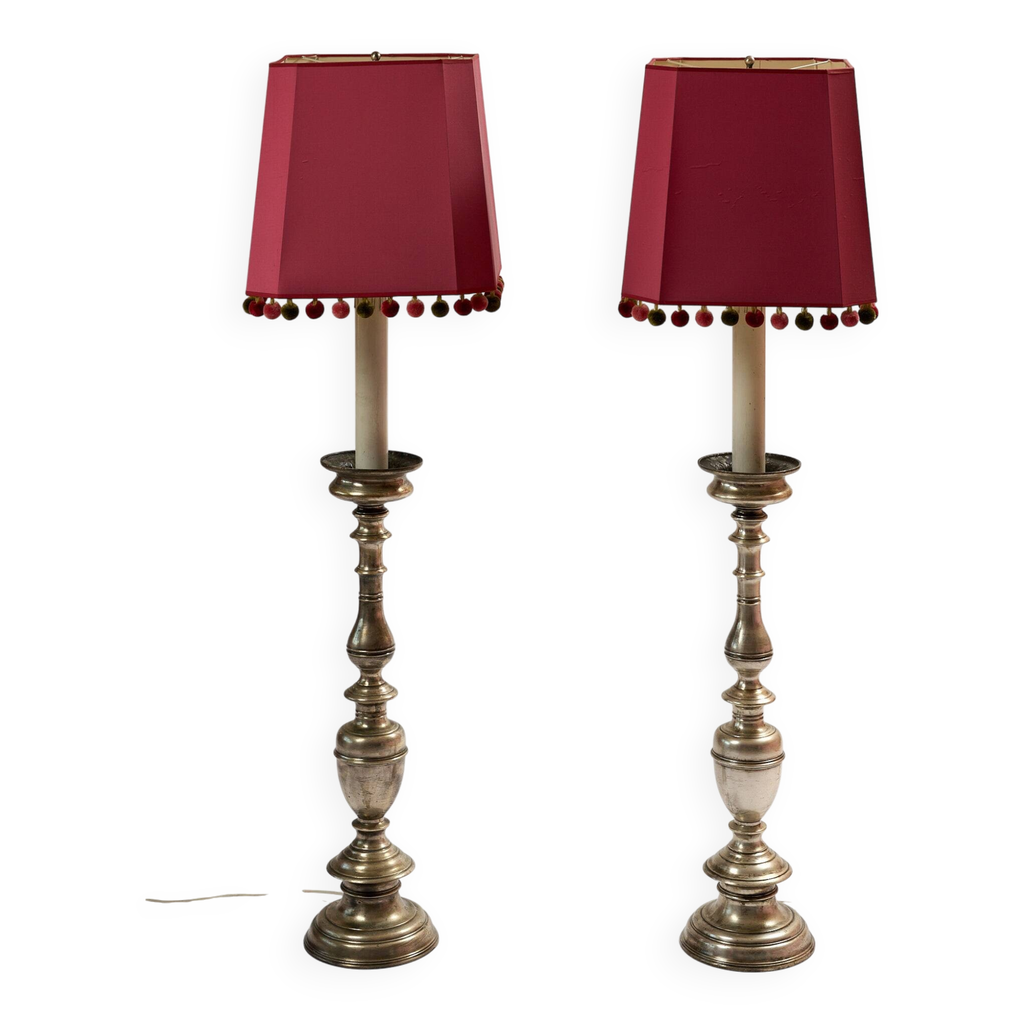 Pair of metal floor lamps with pink shades