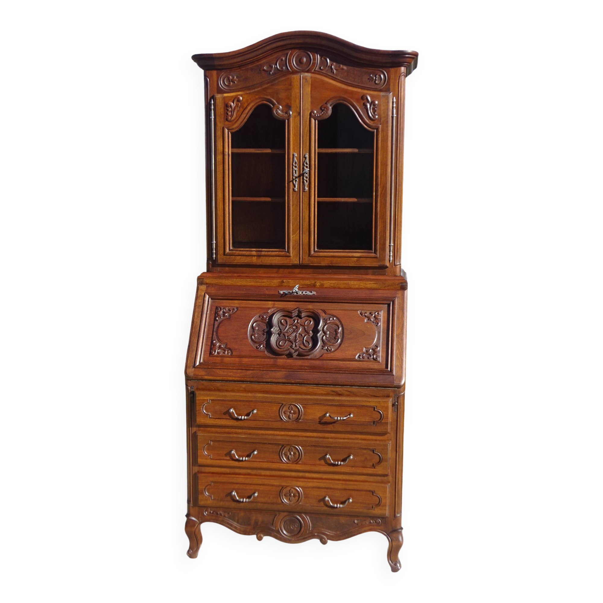 3-in-1 furniture: chest of drawers, secretary, and display cabinet, in walnut.