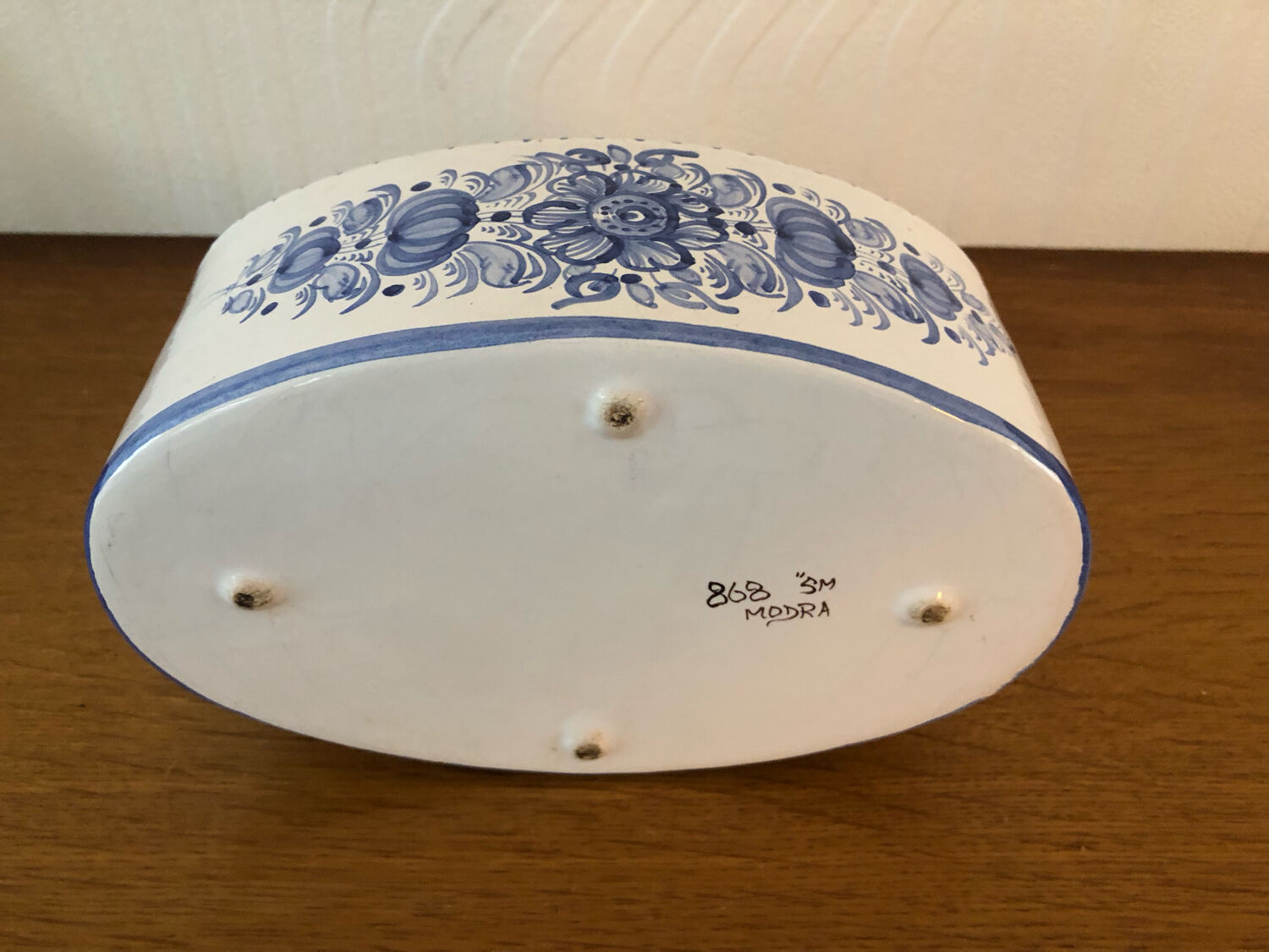 Ceramic pot blue floral decoration vintage signed modra