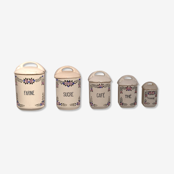 Set of 5 old art deco pots in vintage ceramic with spices, flour, pepper, coffee, tea, sugar