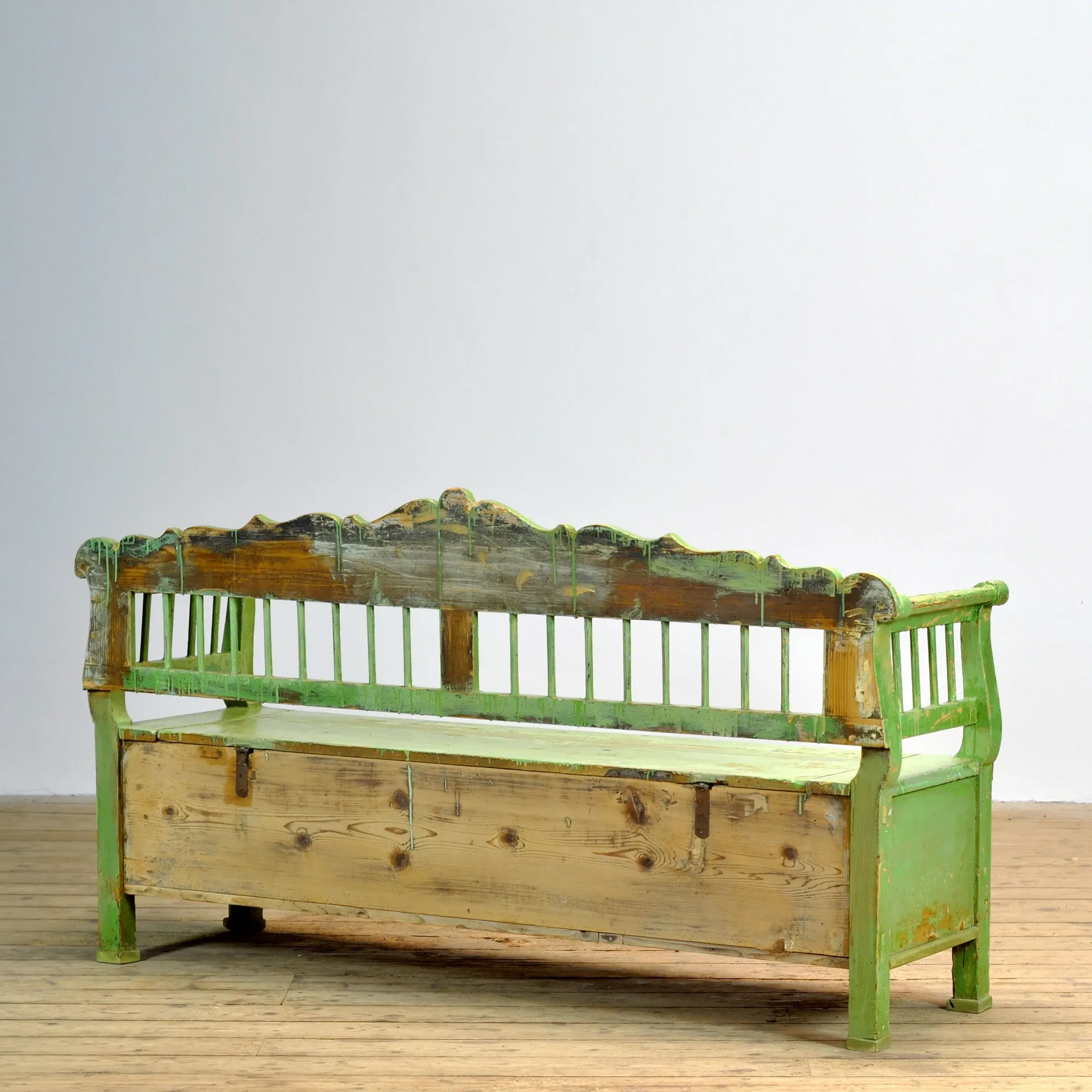 Antique pine bench with storage, 1900s