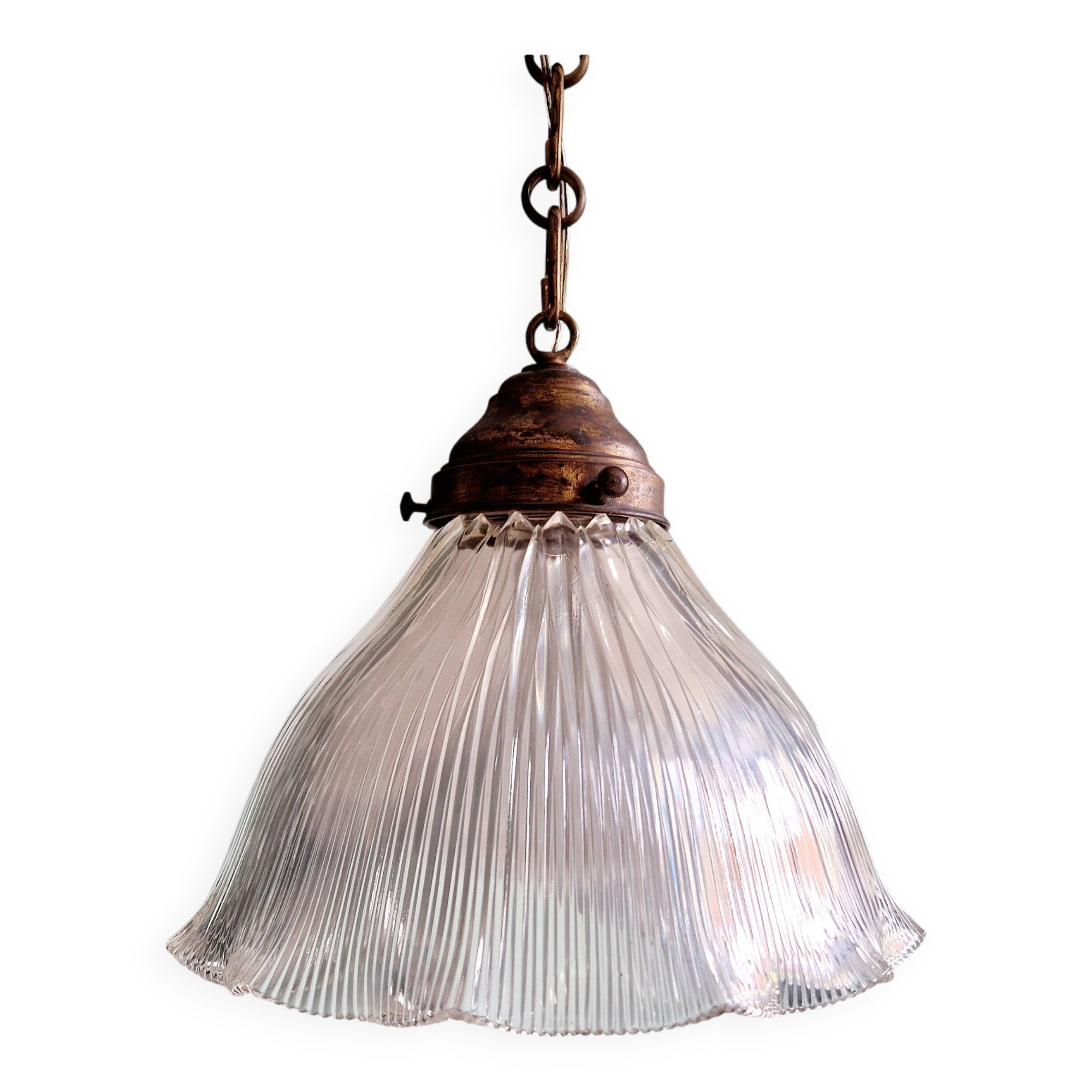 Large Holophane pendant light in transparent grooved glass