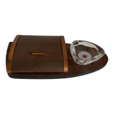 Vintage 1960 cigarette holder, ashtray dispenser, wooden, metal, copper poker.