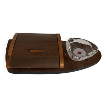 Porte-cigarettes, distributeur et cendrier en bois et métal cuivré poker, 1960